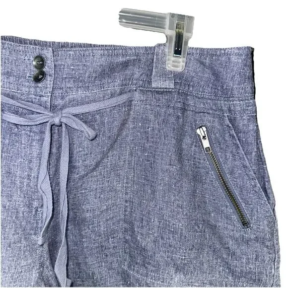 100% Linen 36 Waist Blue Tweed Zip Fly Coastal Shorts Pockets Belt Elastic Waist - Picture 3 of 6